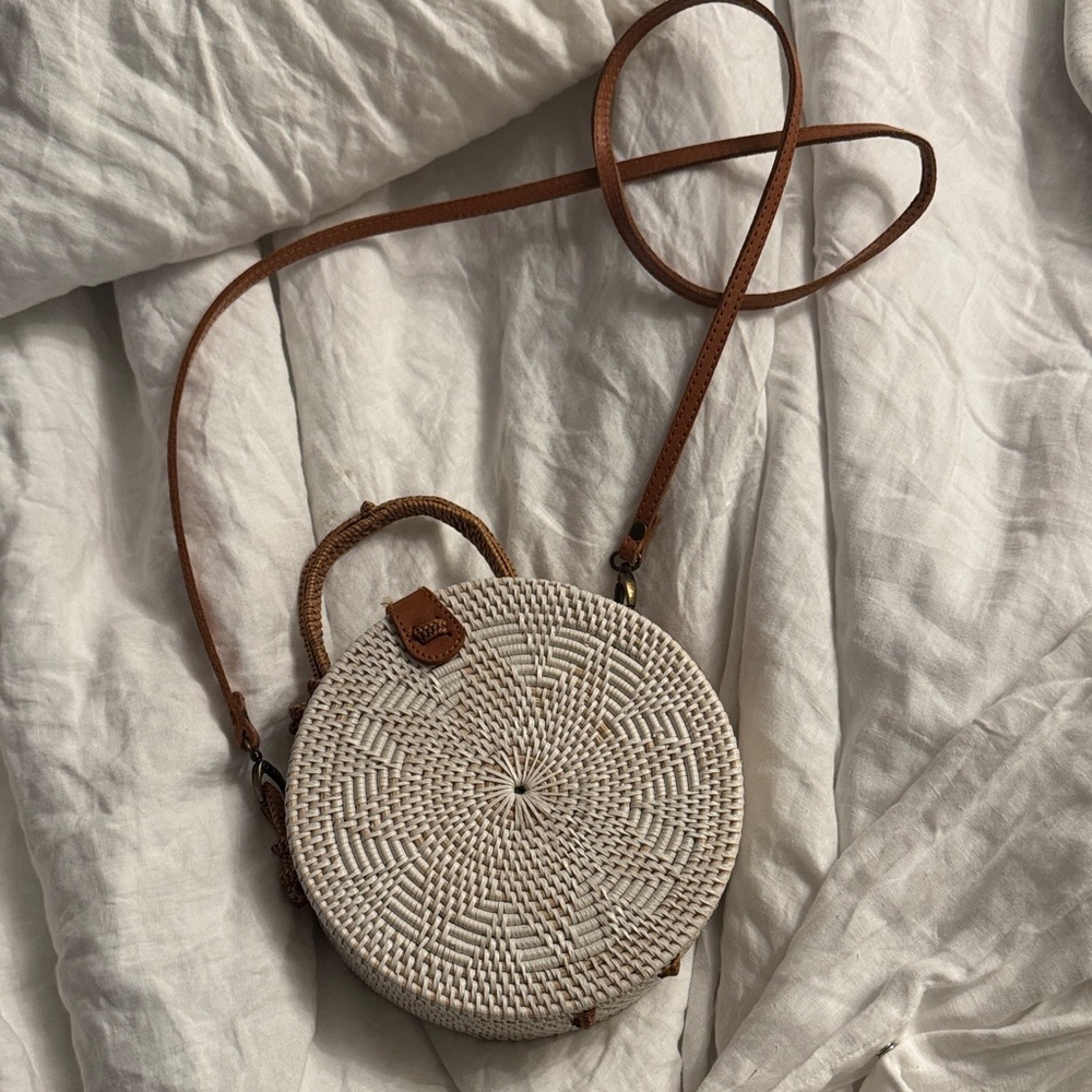 Round Woven Crossbody Bag in Cream by Unknown Brand
